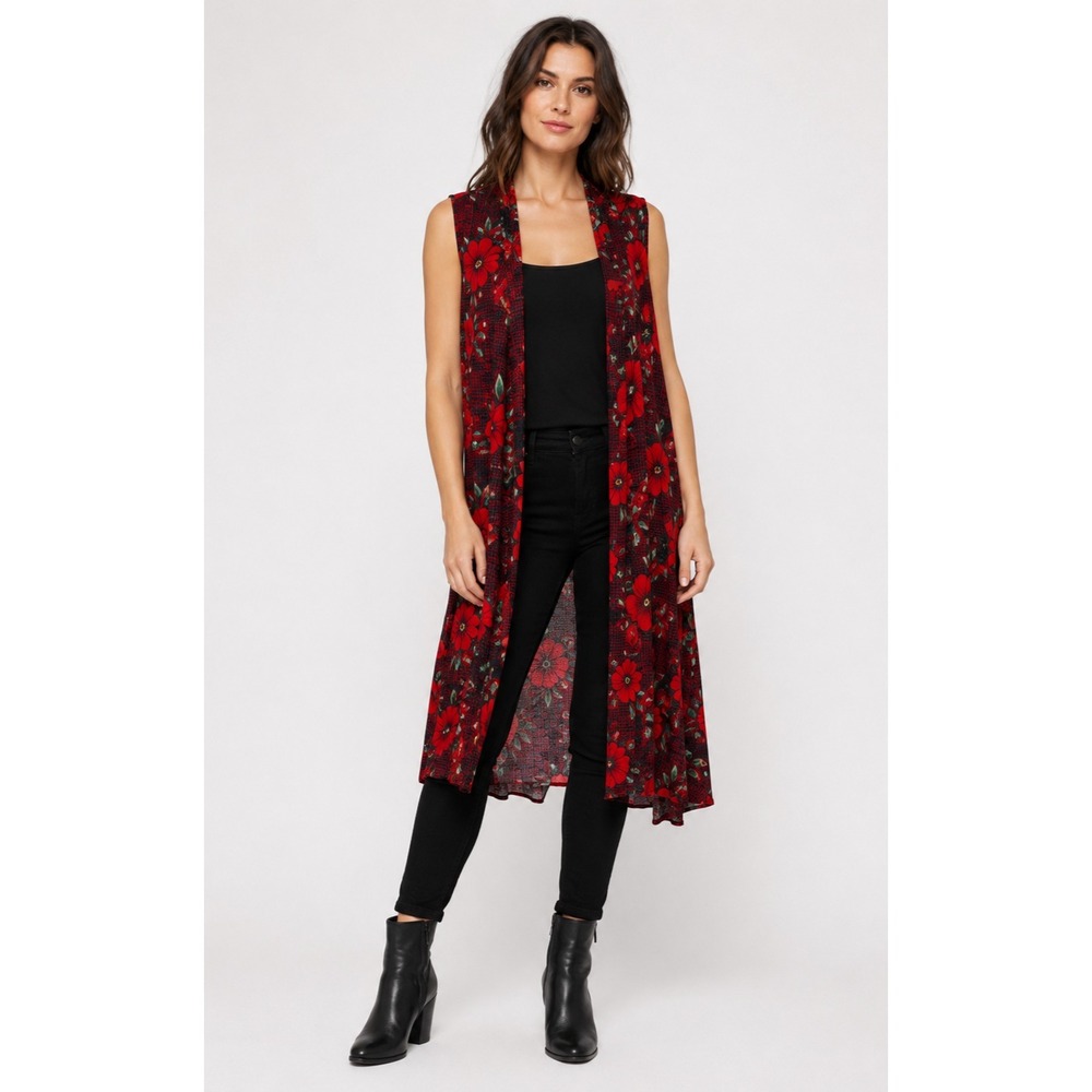 LuLaRoe Sleeveless Joy Vest Womens Large Red Floral Polyester Side Slits
